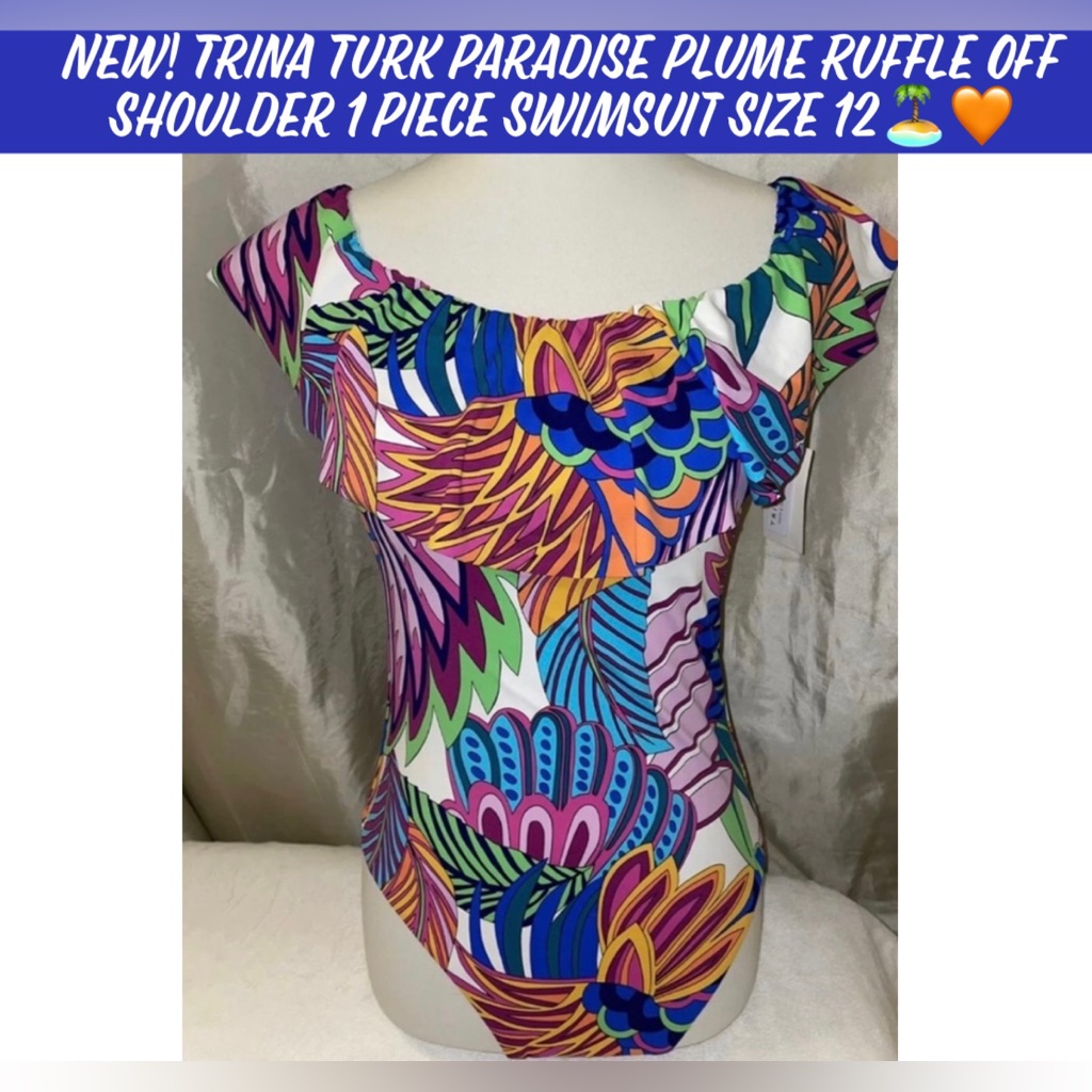 Hpnew! Trina Turk Paradise Plume Ruffle Off Shoulder 1 Piece Swimsuit 12